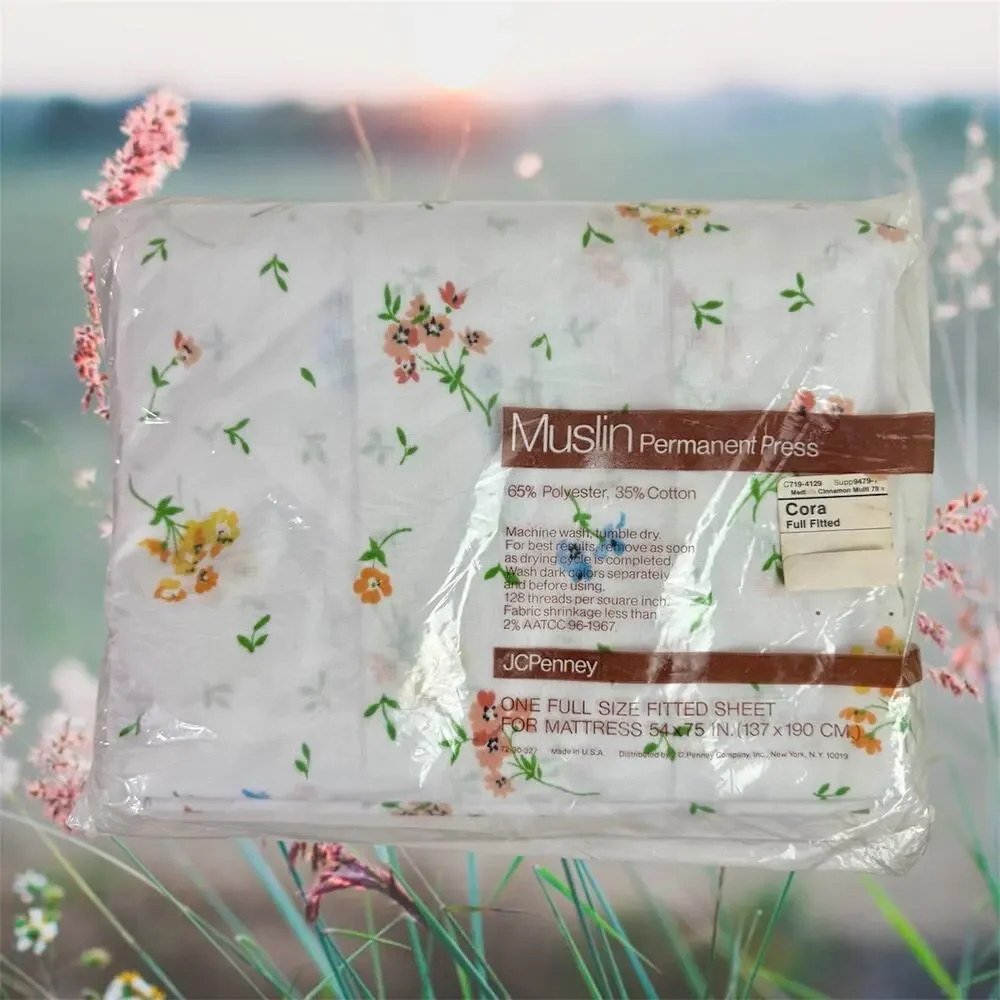 JCPenney NOS VTG Muslin White & Floral Print Cora Full Fitted Sheet In Package - Picture 1 of 5